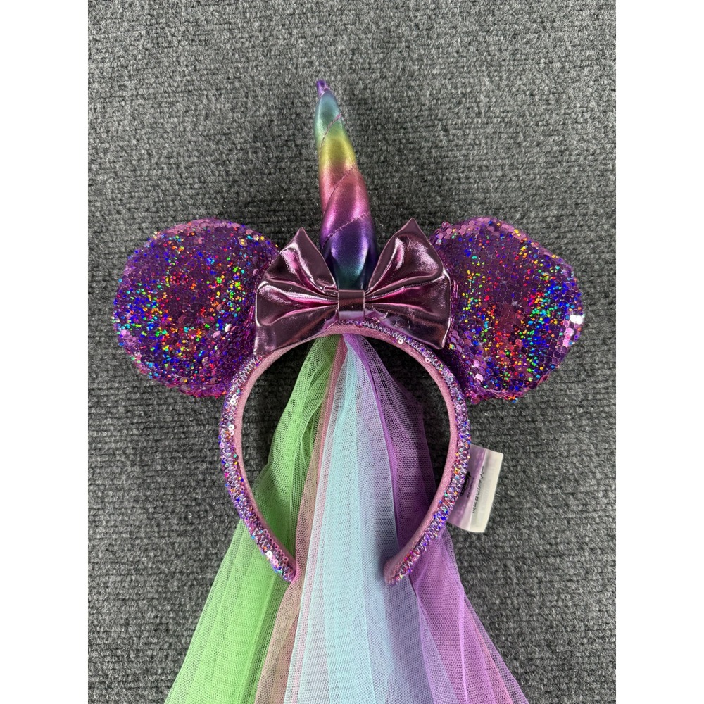 Disney Parks Minnie Mouse Unicorn Sequin Ears Headband Rainbow Horn Veil Purple